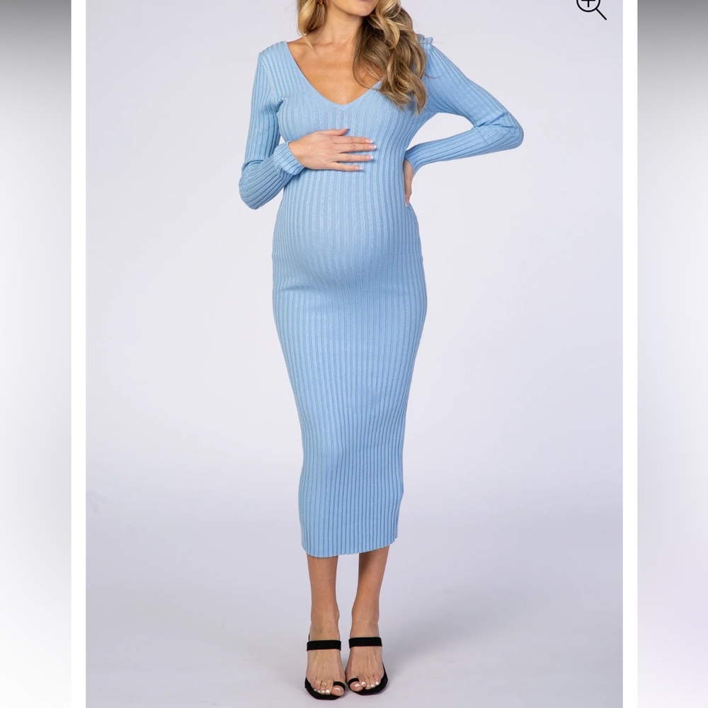 Light Blue V-Neck Long Sleeve Fitted Maternity Maxi Dress
